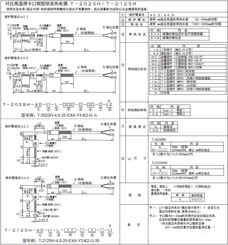 T-202SH/T-212SH高温铠装卡簧式热电偶 日本RKC理化工业